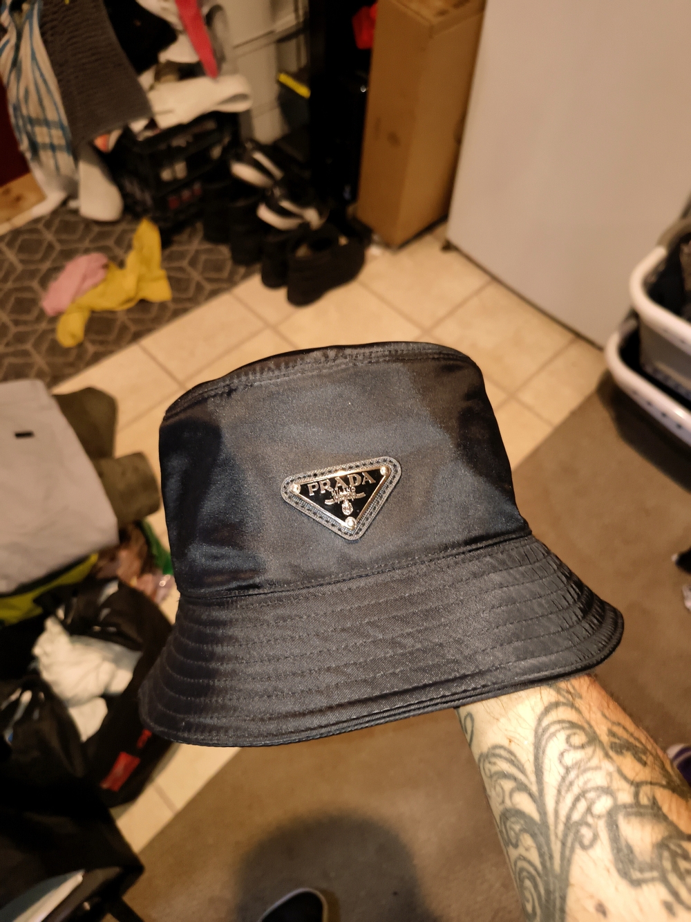 Prada Black Nylon Triangle Logo Bucket Hat